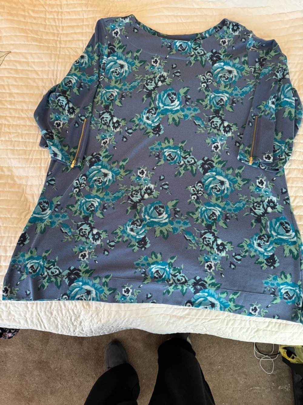 Denim&Co Floral Scoop-Neck Tunic in Blue and Teal